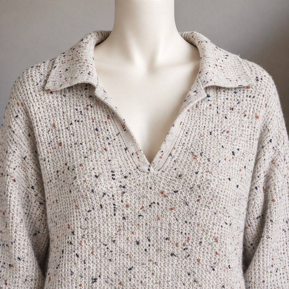 Women Small Waffle Knit Confetti Sweater Polo V-Neck Oatmeal Cream William Rast